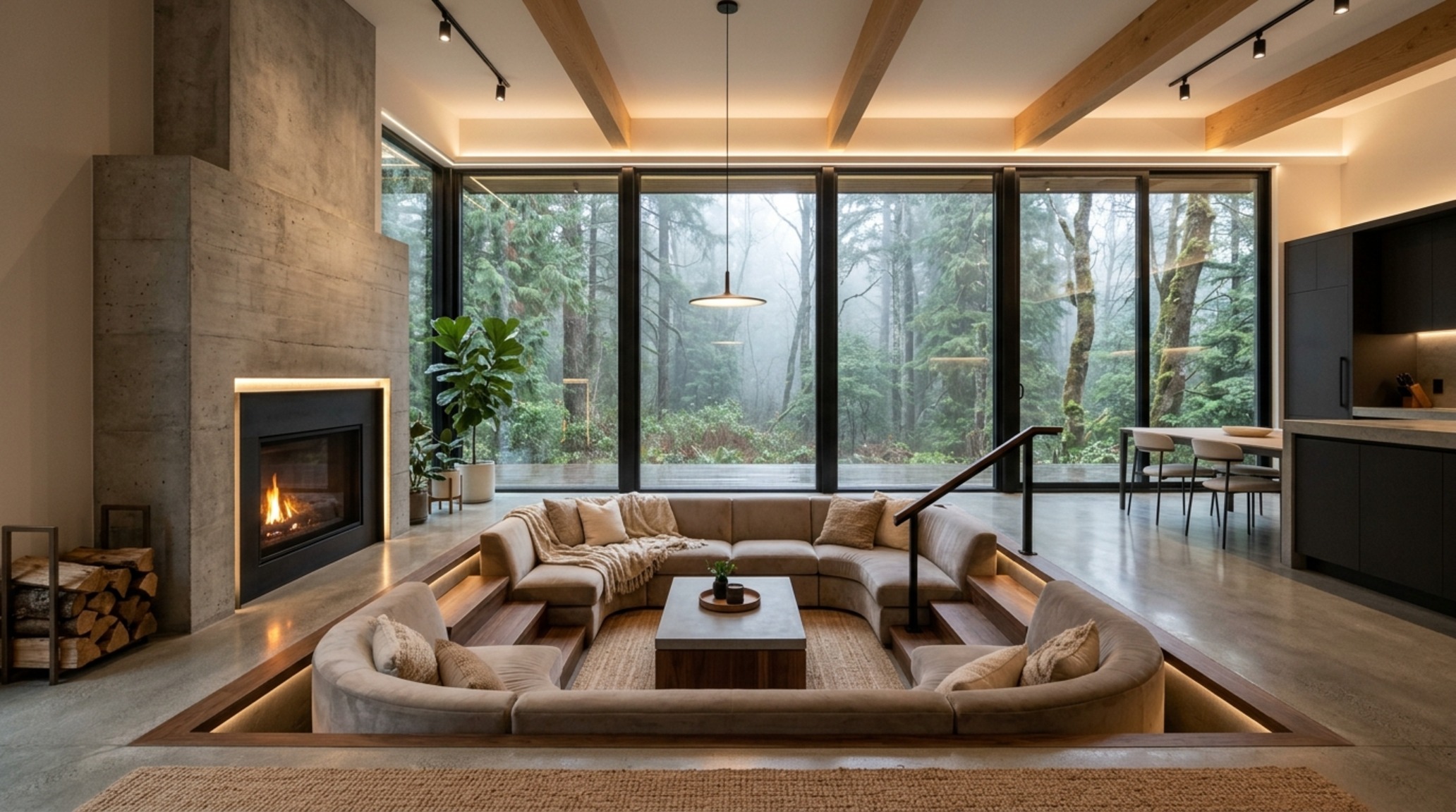 modern virtual house planner ideas for a sunken conversation pit with custom upholstered seating and a central concrete hearth