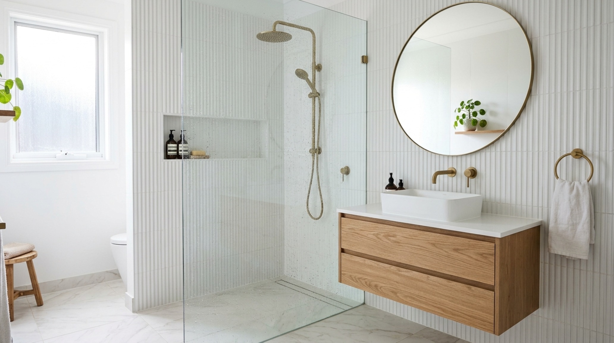 small space virtual house planner utilizing vertical storage solutions and a wall-hung vanity in a compact spa-like bathroom