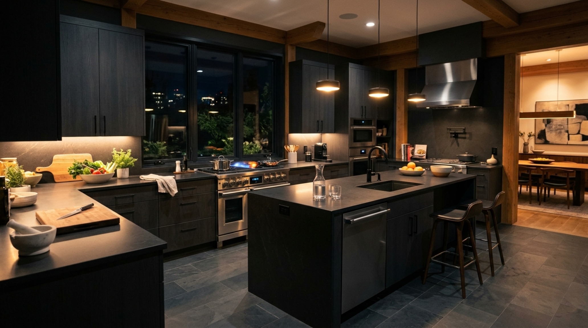 virtual house planner lighting guide showing the effect of 3000K task lighting over a fluted oak kitchen island