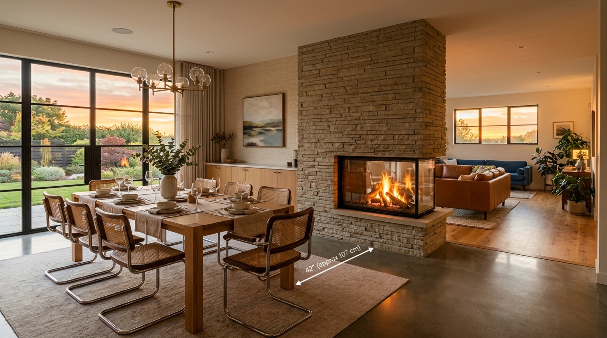 modern virtual house planner ideas for a double-sided fireplace separating the dining and living zones in a high-end residence