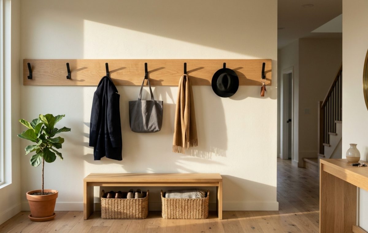 modern wall mounted coat rack plans ideas featuring a long horizontal rift-sawn white oak slat with recessed matte black hooks against a warm alabaster wall