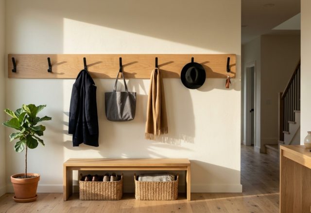 modern wall mounted coat rack plans ideas featuring a long horizontal rift-sawn white oak slat with recessed matte black hooks against a warm alabaster wall