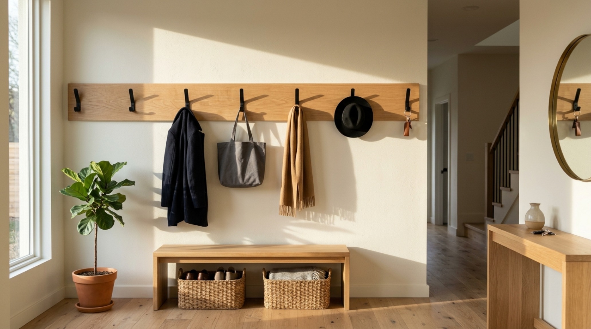 modern wall mounted coat rack plans ideas featuring a long horizontal rift-sawn white oak slat with recessed matte black hooks against a warm alabaster wall modern wall mounted coat rack plans ideas featuring a long horizontal rift-sawn white oak slat with recessed matte black hooks against a warm alabaster wall
