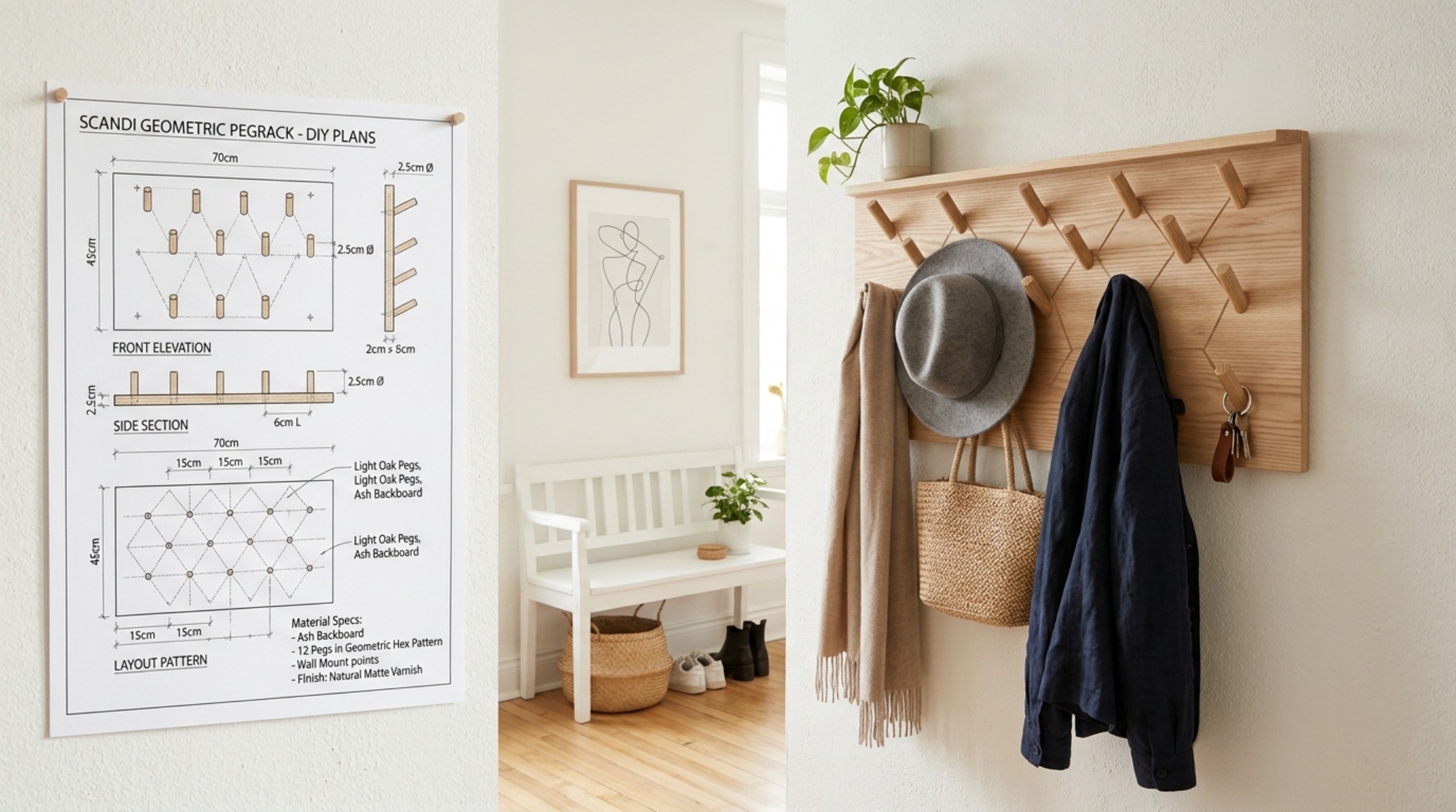 small space wall mounted coat rack plans utilizing a zig-zag peg arrangement to maximize hanging capacity in a 36-inch wide corridor small space wall mounted coat rack plans utilizing a zig-zag peg arrangement to maximize hanging capacity in a 36-inch wide corridor