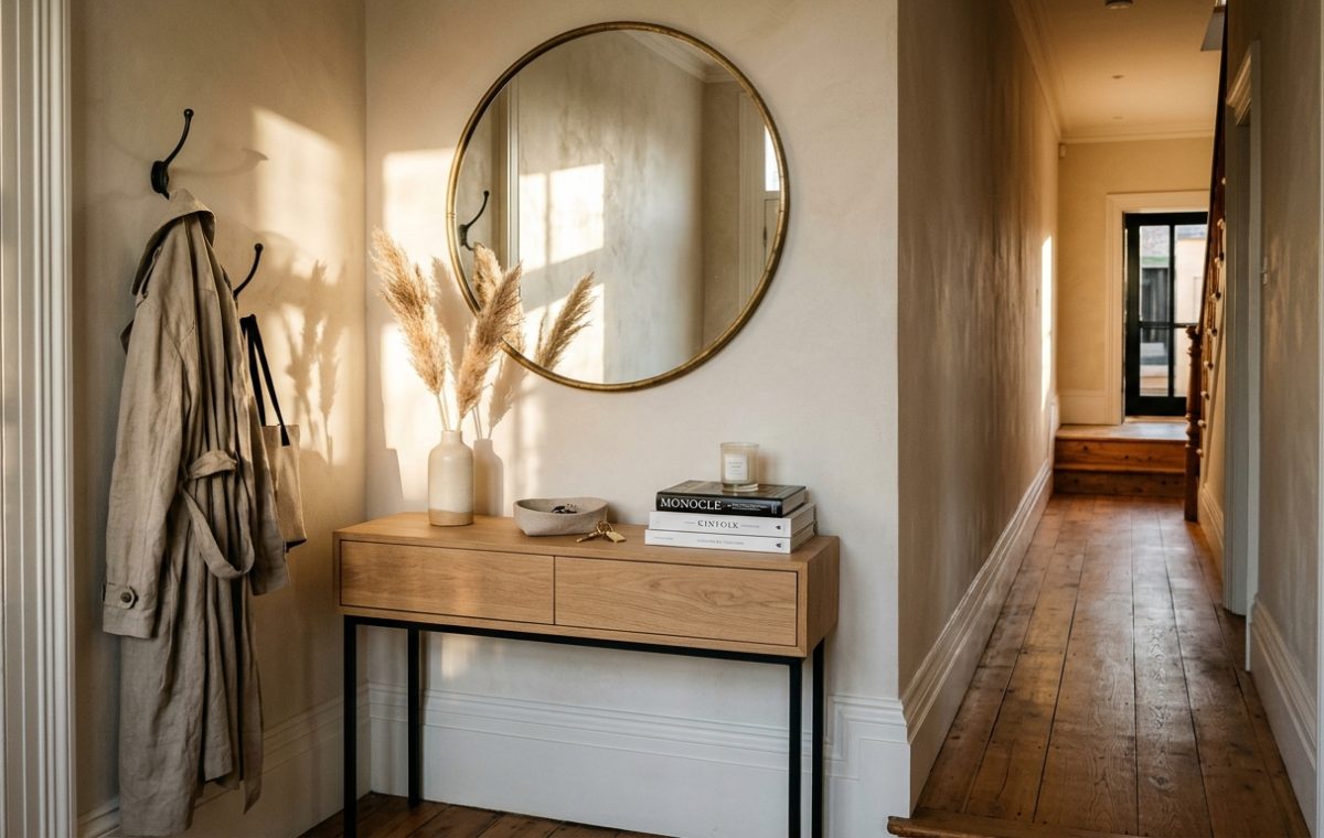 Editorial wide-shot of a narrow entryway ideas layout featuring a slim oak console table, a large circular mirror, and soft natural light from a side window.