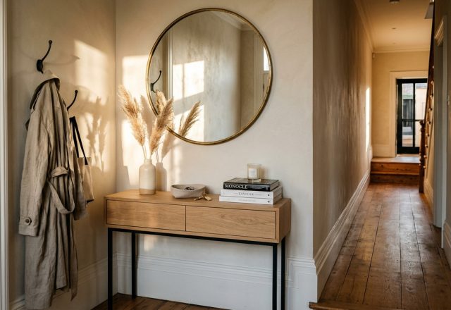 Editorial wide-shot of a narrow entryway ideas layout featuring a slim oak console table, a large circular mirror, and soft natural light from a side window.