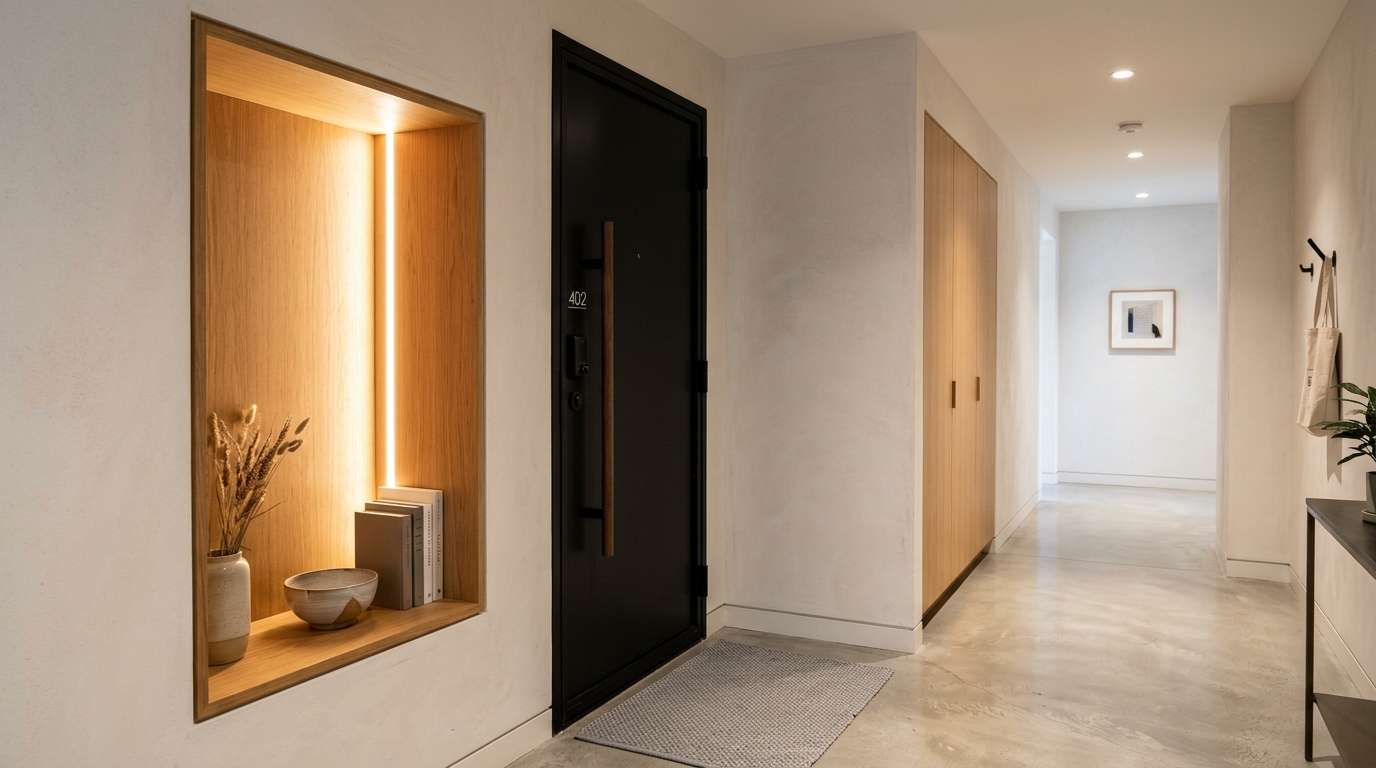 Minimalist mudroom niche with built-in fluted paneling and integrated lighting for a luxury narrow entryway ideas feel.