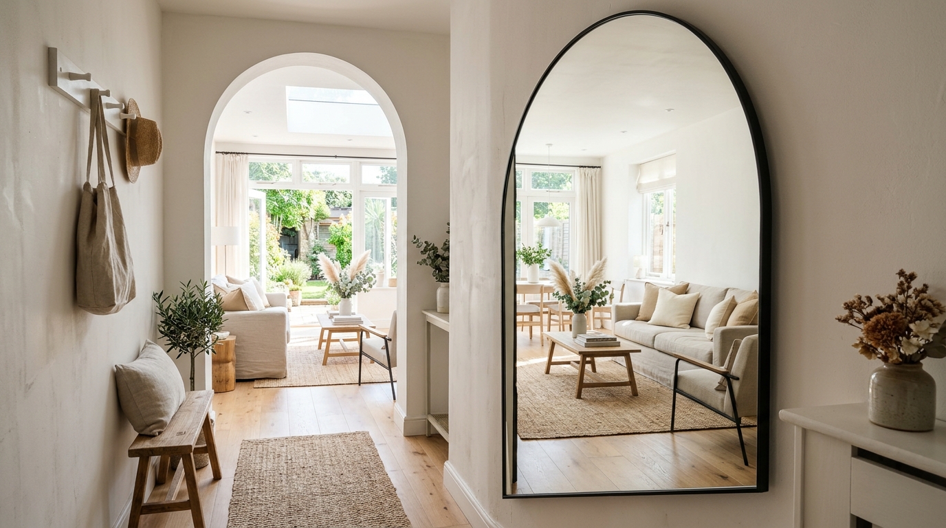 Reflective play of a oversized floor mirror in a narrow hallway, doubling the visual width of the space.