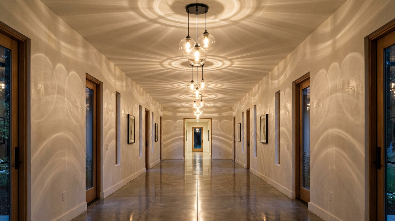 Zoned lighting in a long corridor featuring three identical glass pendant lights at 2700K.