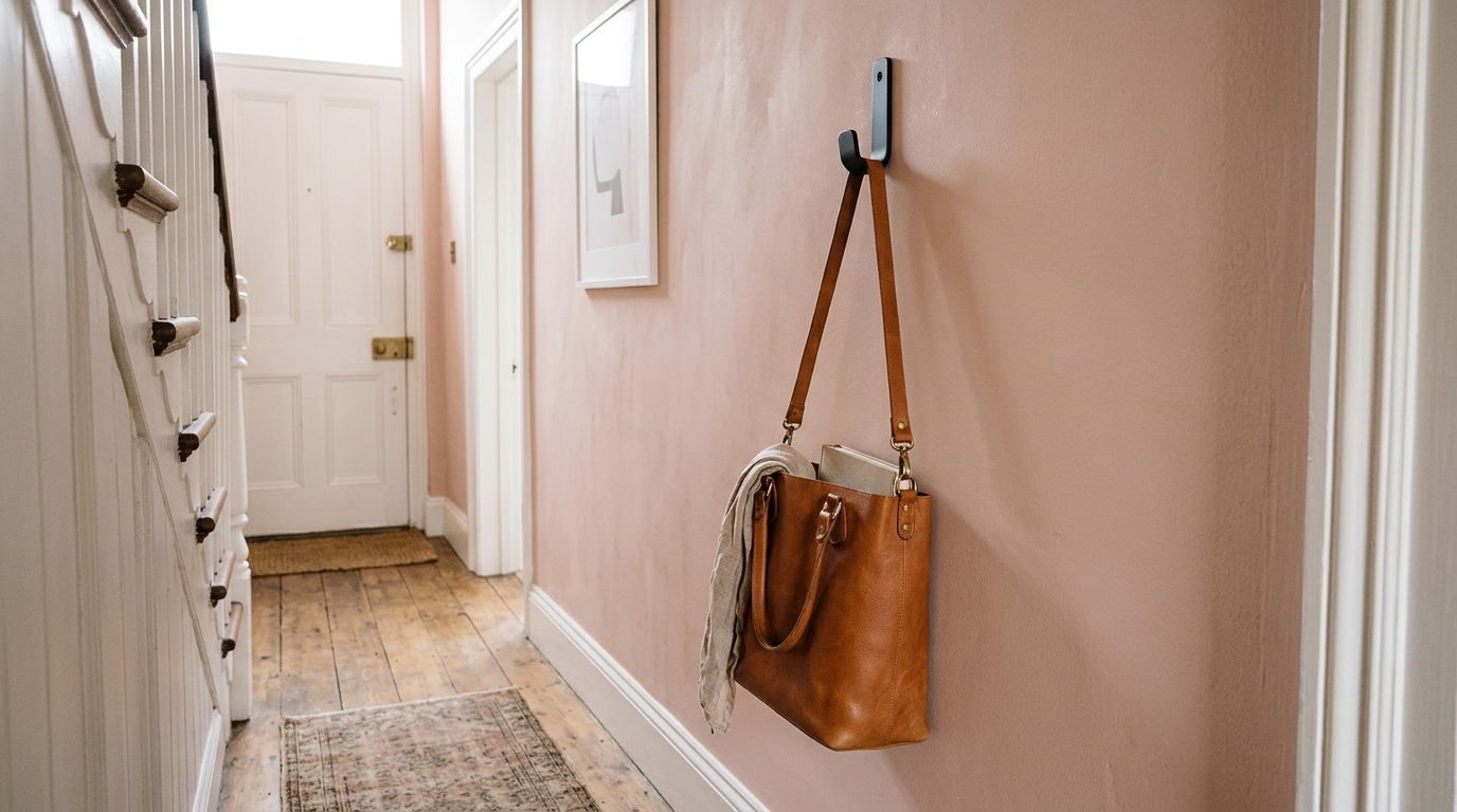 Farrow & Ball Setting Plaster walls providing a soft terracotta backdrop to a minimalist black metal entry table.