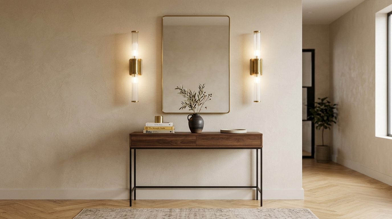 Symmetry in design: matching sconces flanking a slim console in a transitional narrow entryway ideas layout.