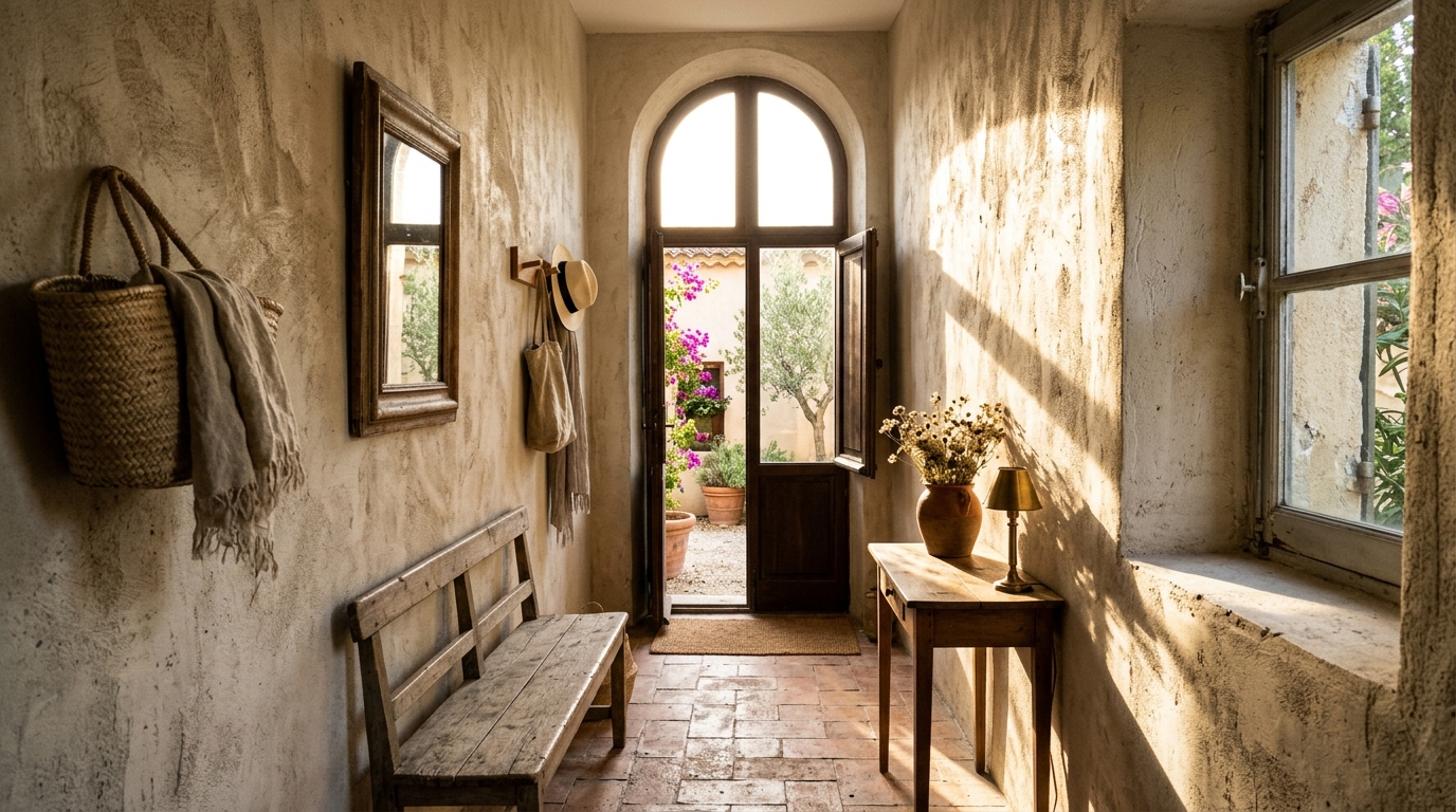 Natural sunlight streaming across a narrow foyer, highlighting the texture of a limewash wall finish.