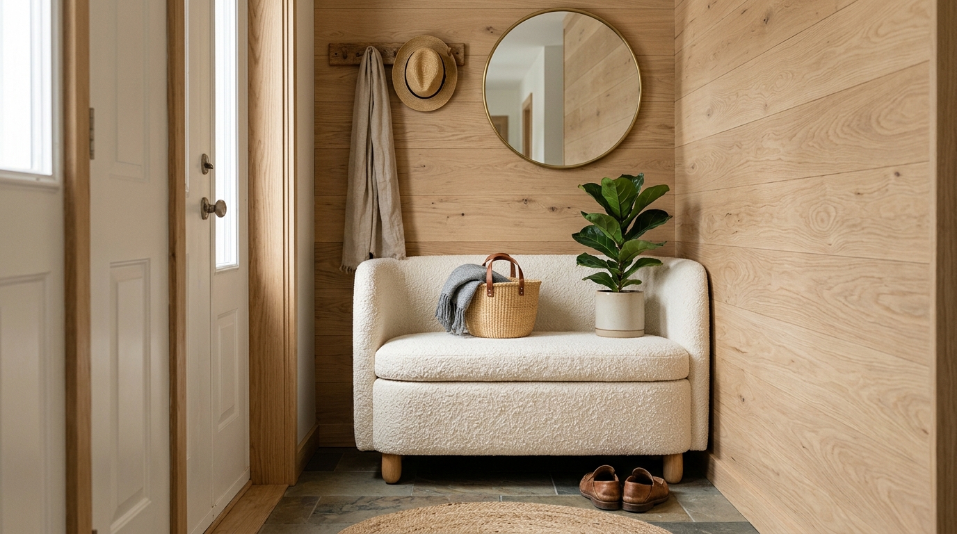 Ergonomic bench placement at 18-inch height in a compact urban entryway with integrated shoe storage.