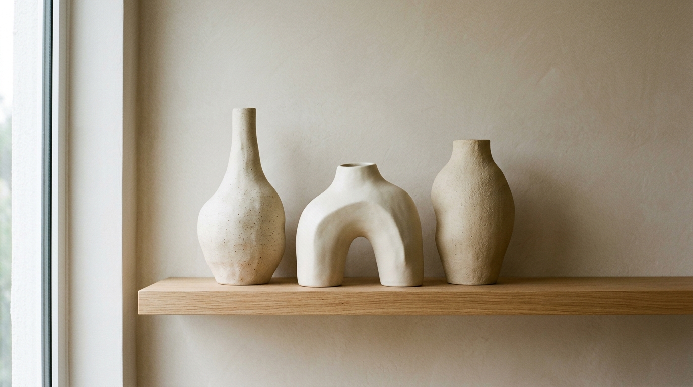 A collection of sculptural ceramic vases on a narrow console table, showcasing 'edited abundance'.