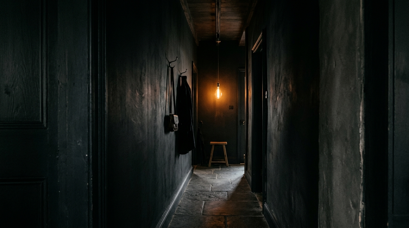 Visual depth created by a dark accent wall at the end of a long, narrow entryway corridor.