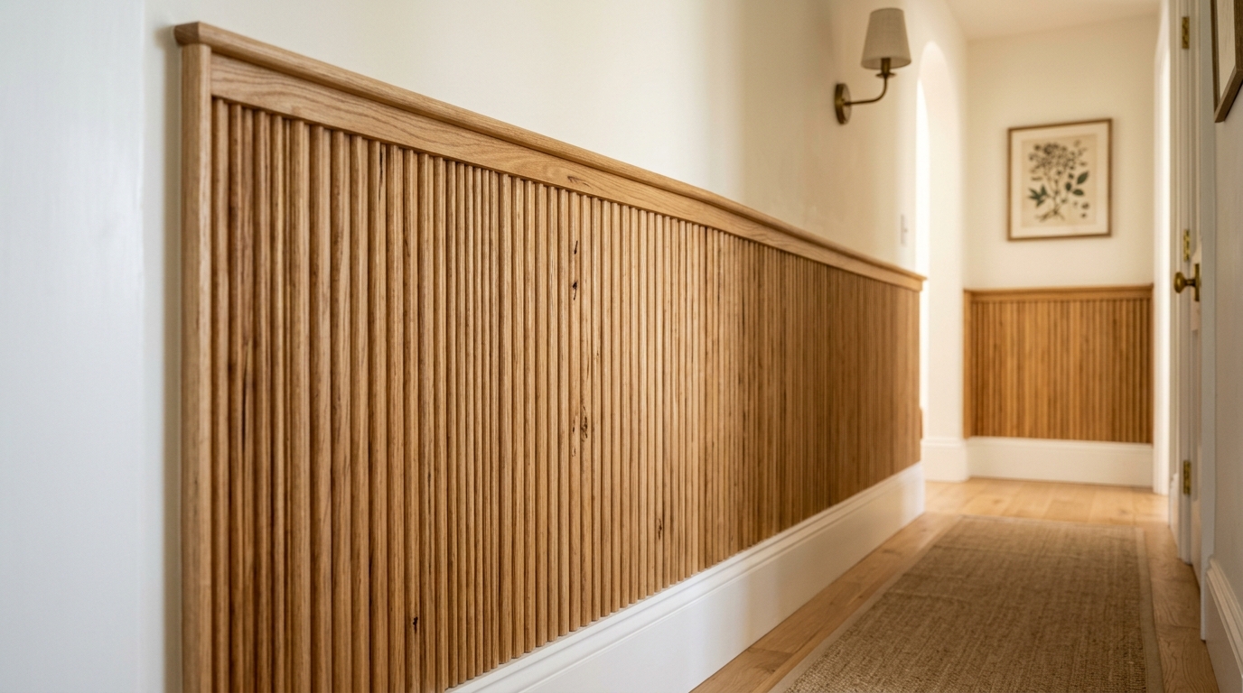 Texture-rich entryway featuring a boucle-covered bench and a fluted wood wall treatment.