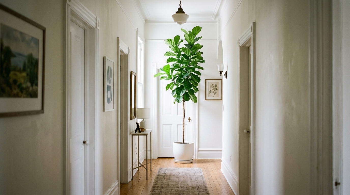 Vertical design focus with a tall, slender indoor tree in a narrow entry corner to draw the eye upward.
