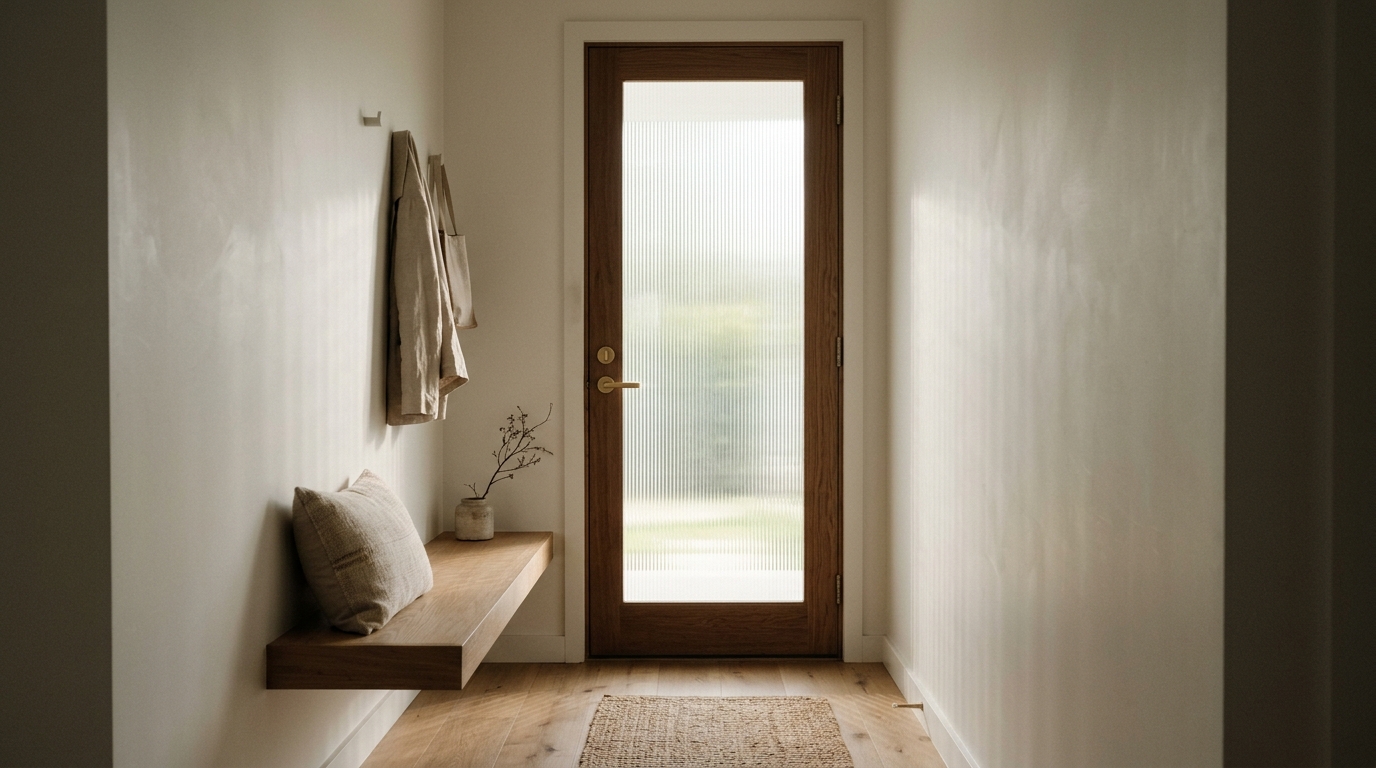Soft shadows and warm ambient light filtering through a fluted glass front door into a narrow hall.