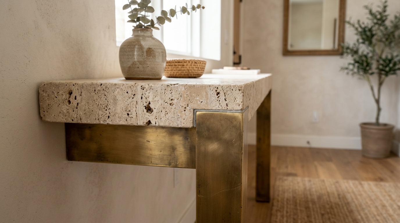 The intersection of a white oak floor and a honed travertine console base in a luxury entryway.