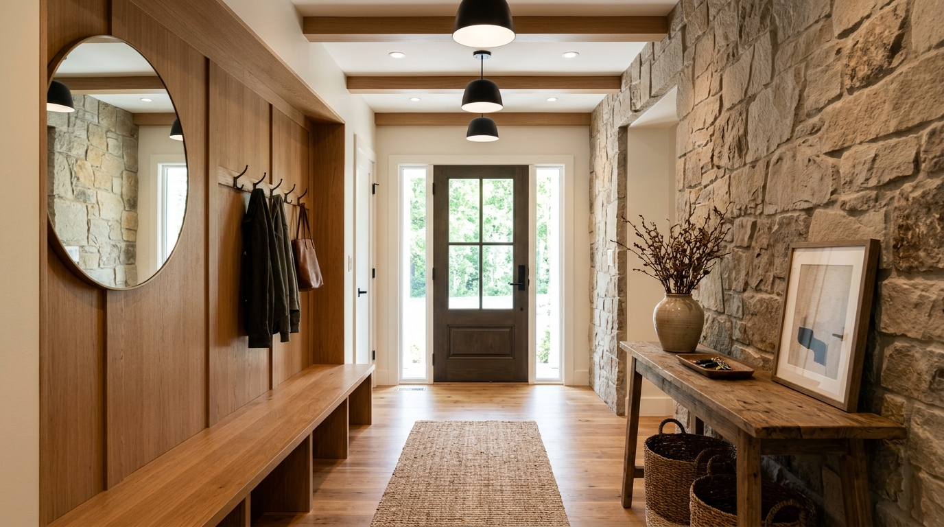 A final architectural reflection of a perfectly balanced narrow entryway, blending form and function.