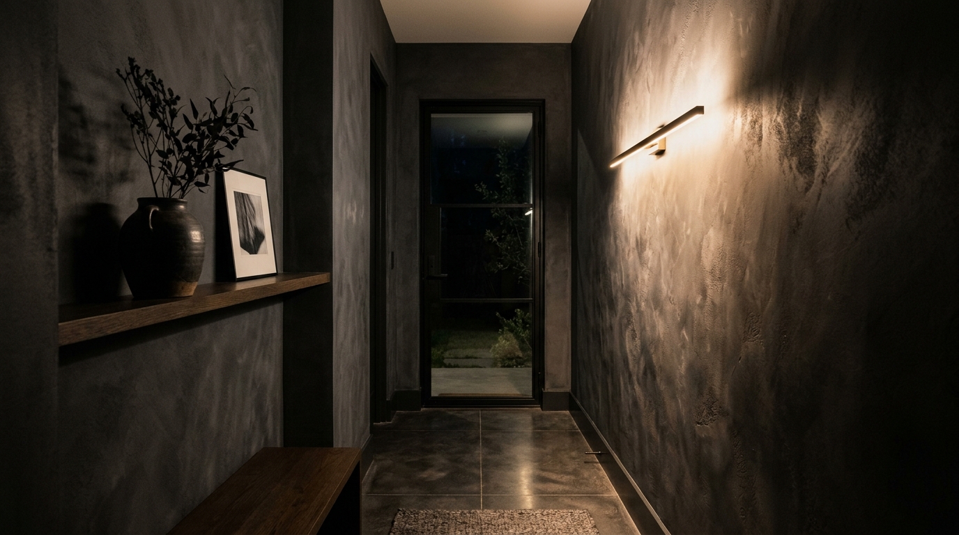 Atmospheric lighting study of a narrow hallway with 2700K wall sconces casting soft, directional shadows on limewash walls.