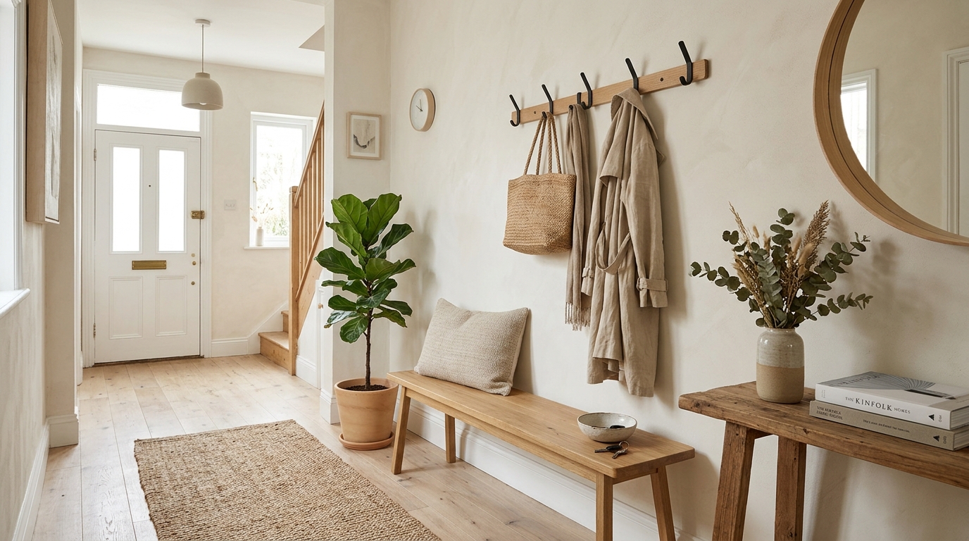 Functional lifestyle snapshot of a modern narrow entryway ideas ideas showing a minimalist bench and integrated wall hooks for ergonomics.