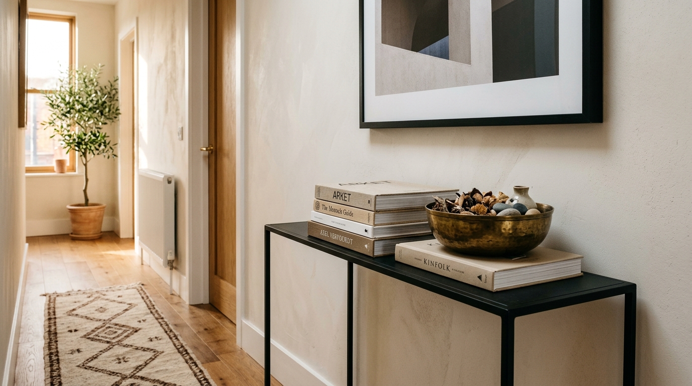 Low-angle architectural shot of a Wayfair Entryway Under 200 console styled with high-end brass accents and a textured runner.