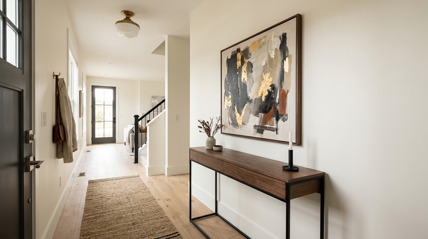 High-contrast interior featuring Benjamin Moore Swiss Coffee walls and an off-black modern console in a narrow foyer.