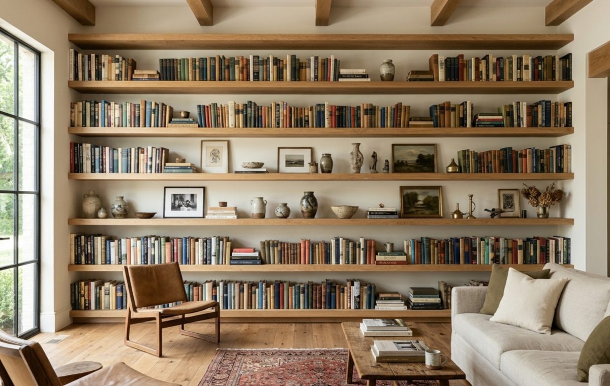 A wide-angle editorial shot of a living room featuring floor-to-ceiling floating shelves in natural white oak, showcasing the bookshelf wealth aesthetic with curated vintage books and neutral ceramics.