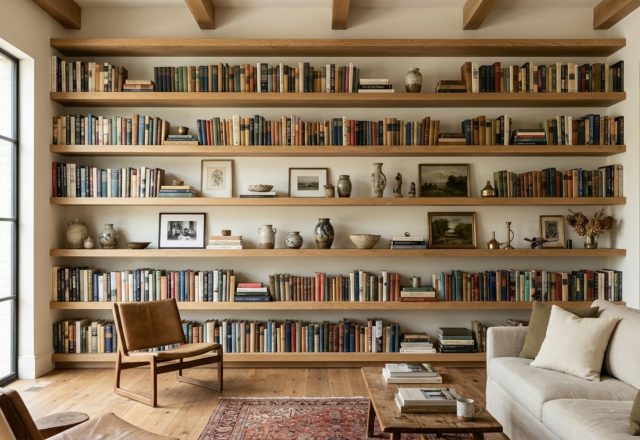 A wide-angle editorial shot of a living room featuring floor-to-ceiling floating shelves in natural white oak, showcasing the bookshelf wealth aesthetic with curated vintage books and neutral ceramics.