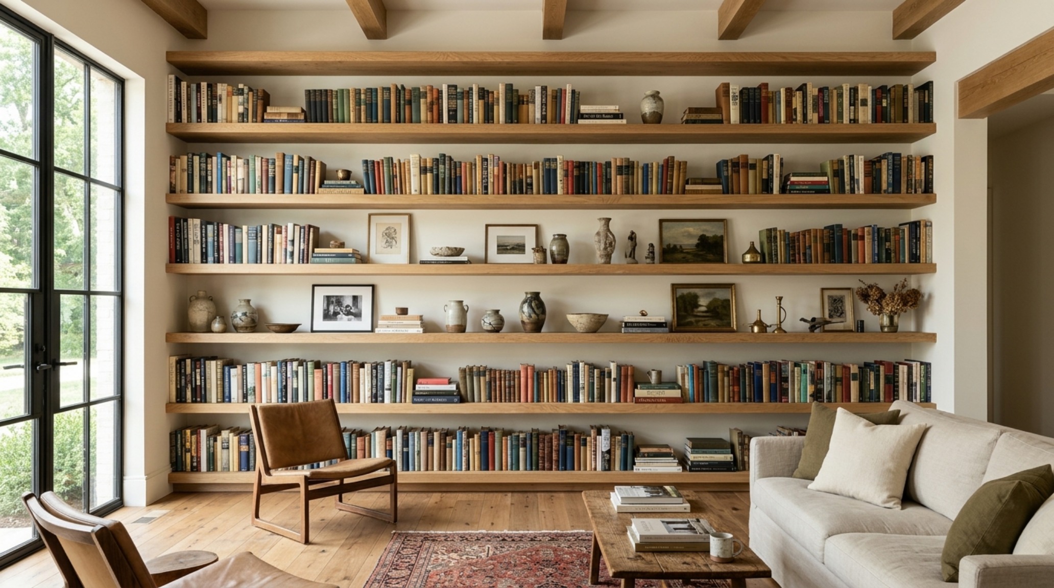 A wide-angle editorial shot of a living room featuring floor-to-ceiling floating shelves in natural white oak, showcasing the bookshelf wealth aesthetic with curated vintage books and neutral ceramics. A wide-angle editorial shot of a living room featuring floor-to-ceiling floating shelves in natural white oak, showcasing the bookshelf wealth aesthetic with curated vintage books and neutral ceramics.