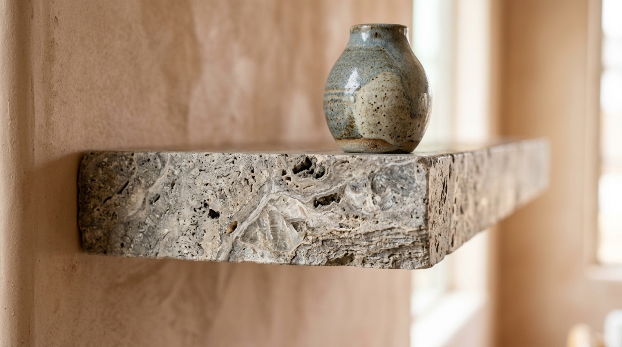 Macro detail of a 3-inch thick floating shelf made of honed travertine stone, demonstrating high-end materiality and the architectural blueprint of luxury shelving. Macro detail of a 3-inch thick floating shelf made of honed travertine stone, demonstrating high-end materiality and the architectural blueprint of luxury shelving.