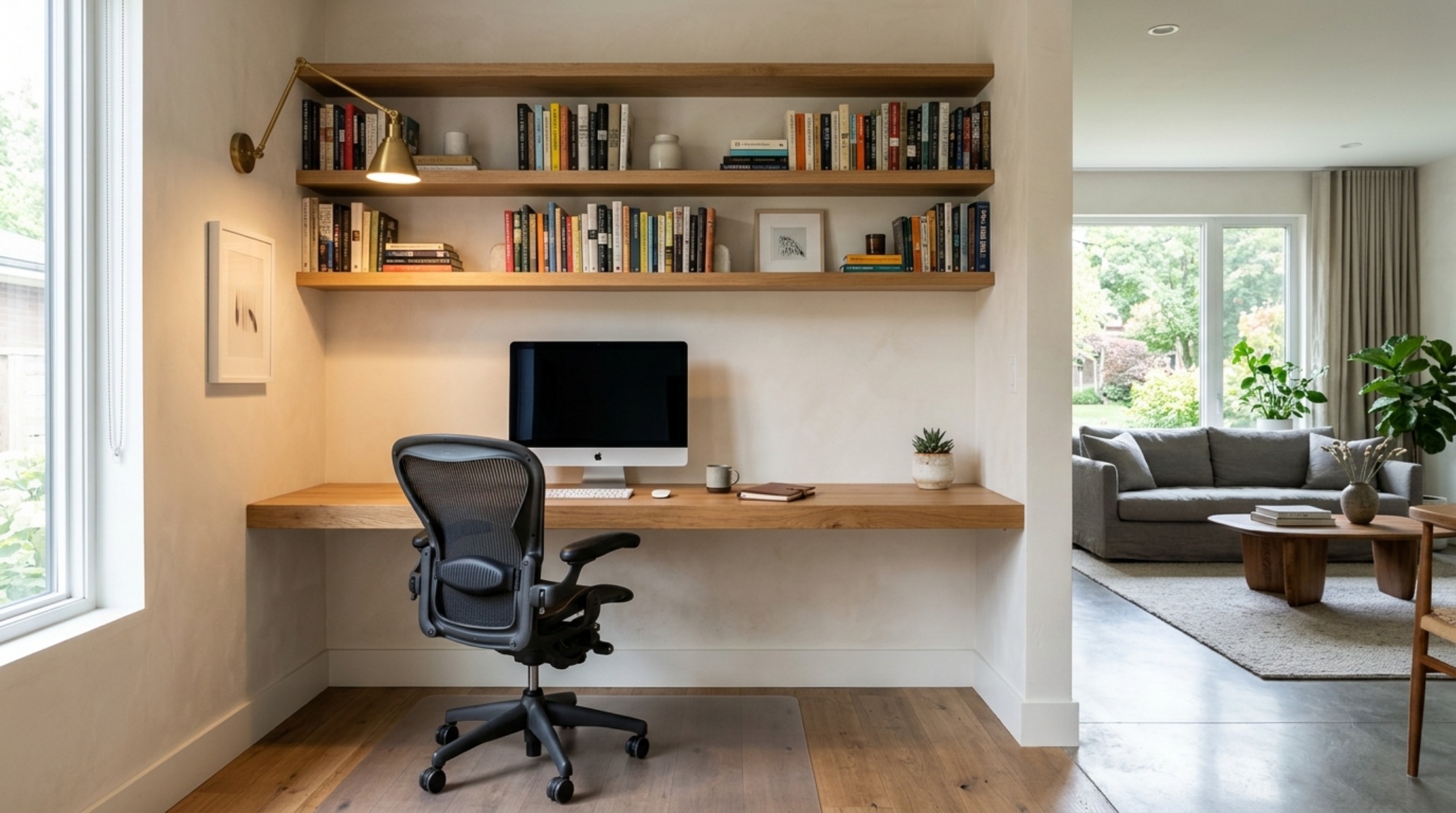 An ergonomic living room floating shelves ideas layout showing a cantilevered shelf serving as a minimalist desk, positioned at 29 inches with 36-inch walkway clearances. An ergonomic living room floating shelves ideas layout showing a cantilevered shelf serving as a minimalist desk, positioned at 29 inches with 36-inch walkway clearances.