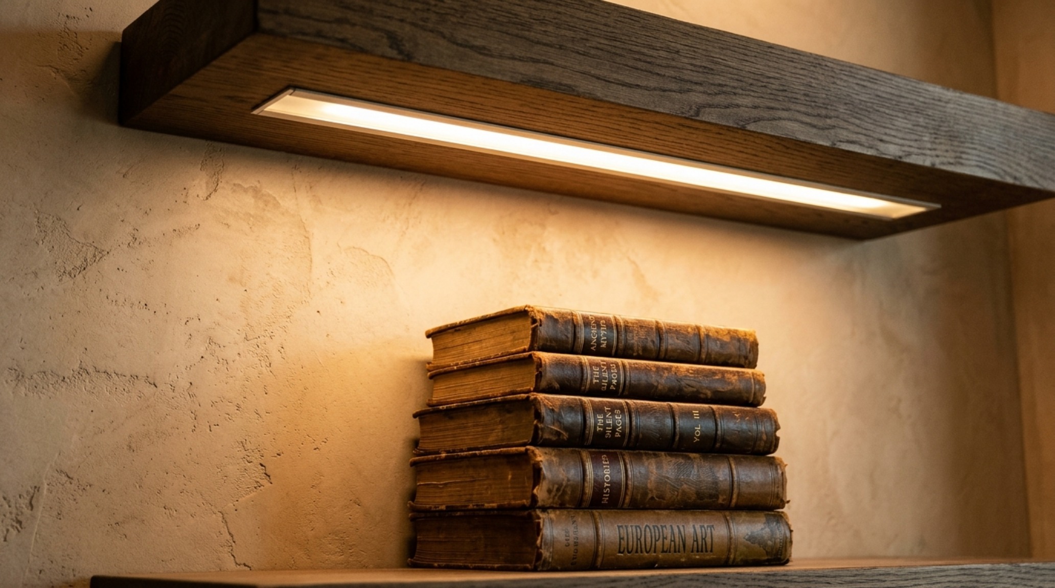 Interior view of integrated warm 2700K LED lighting strips under floating shelves, highlighting the texture of a limewash wall and providing high CRI illumination for art. Interior view of integrated warm 2700K LED lighting strips under floating shelves, highlighting the texture of a limewash wall and providing high CRI illumination for art.
