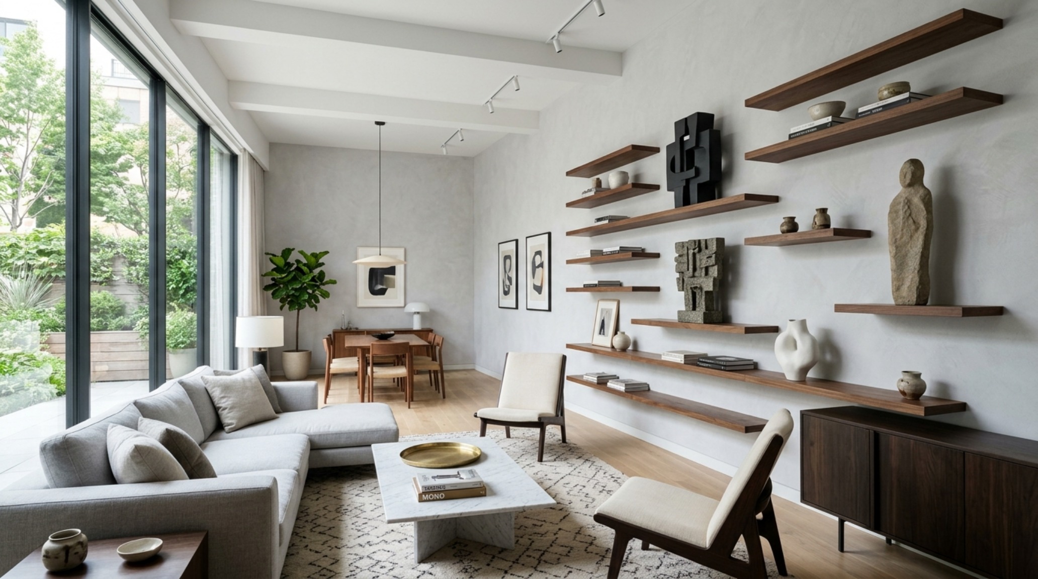 A sophisticated living room featuring asymmetrical living room floating shelves ideas, balancing negative space with large-scale sculpture and architectural sightlines. A sophisticated living room featuring asymmetrical living room floating shelves ideas, balancing negative space with large-scale sculpture and architectural sightlines.