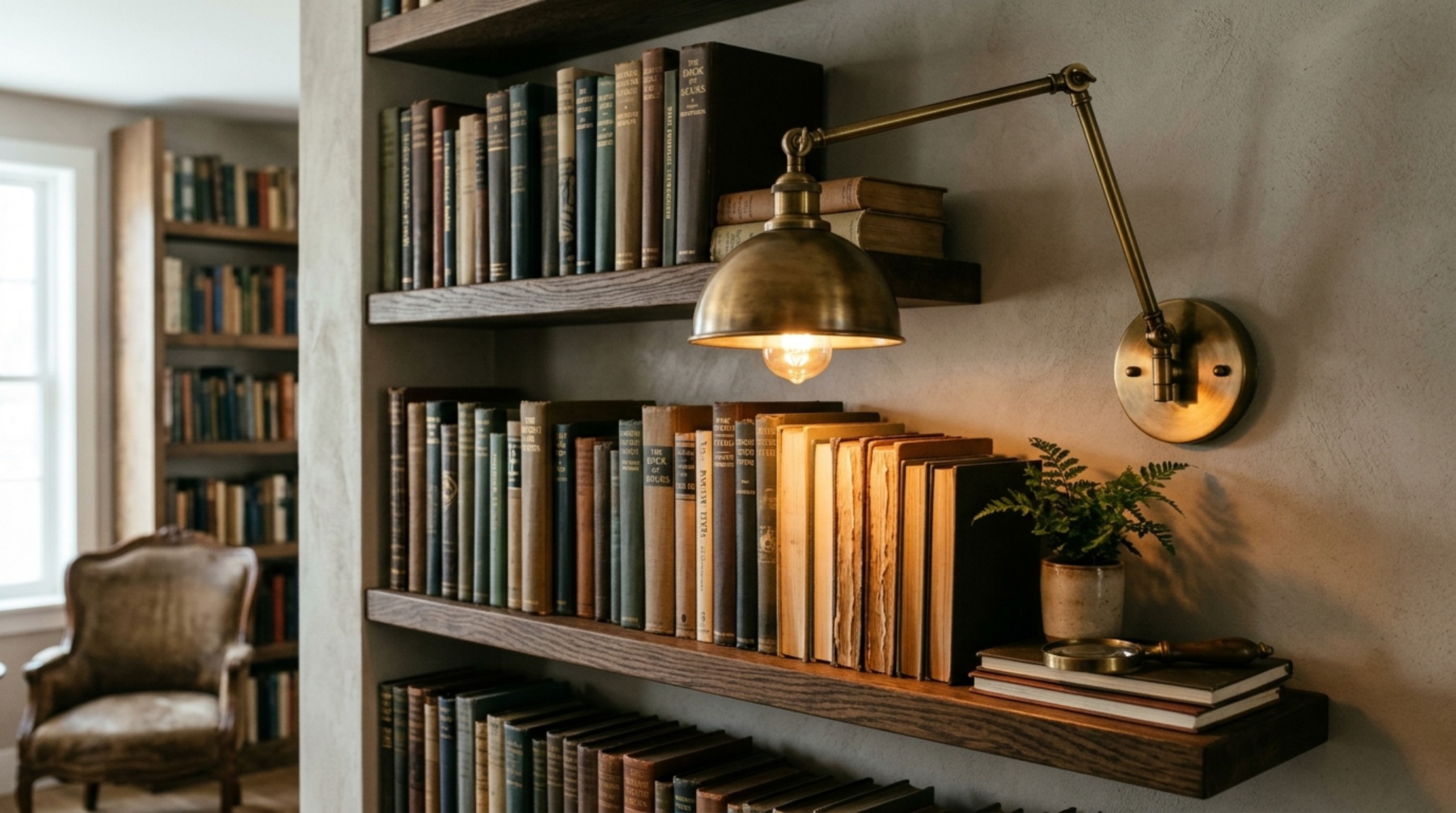 Close-up of a library sconce in unlacquered brass mounted above a floating shelf, illustrating the fusion of traditional lighting with modern living room floating shelves ideas. Close-up of a library sconce in unlacquered brass mounted above a floating shelf, illustrating the fusion of traditional lighting with modern living room floating shelves ideas.