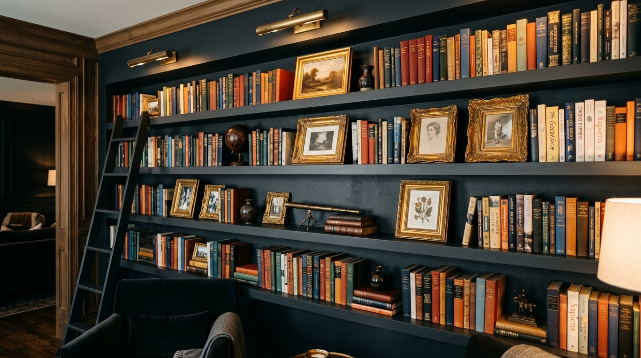 Styling detail of bookshelf wealth featuring a mix of vertical and horizontal book stacks, organic stoneware, and framed oil paintings on deep charcoal floating ledges. Styling detail of bookshelf wealth featuring a mix of vertical and horizontal book stacks, organic stoneware, and framed oil paintings on deep charcoal floating ledges.