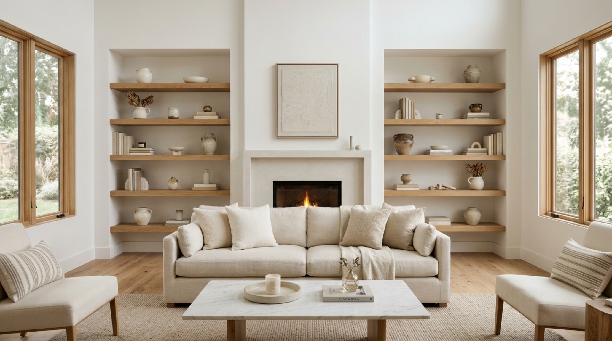 A transitional living room with floating shelves flanking a fireplace, showing perfect symmetry and 18-inch coffee table clearances for optimal spatial flow. A transitional living room with floating shelves flanking a fireplace, showing perfect symmetry and 18-inch coffee table clearances for optimal spatial flow.
