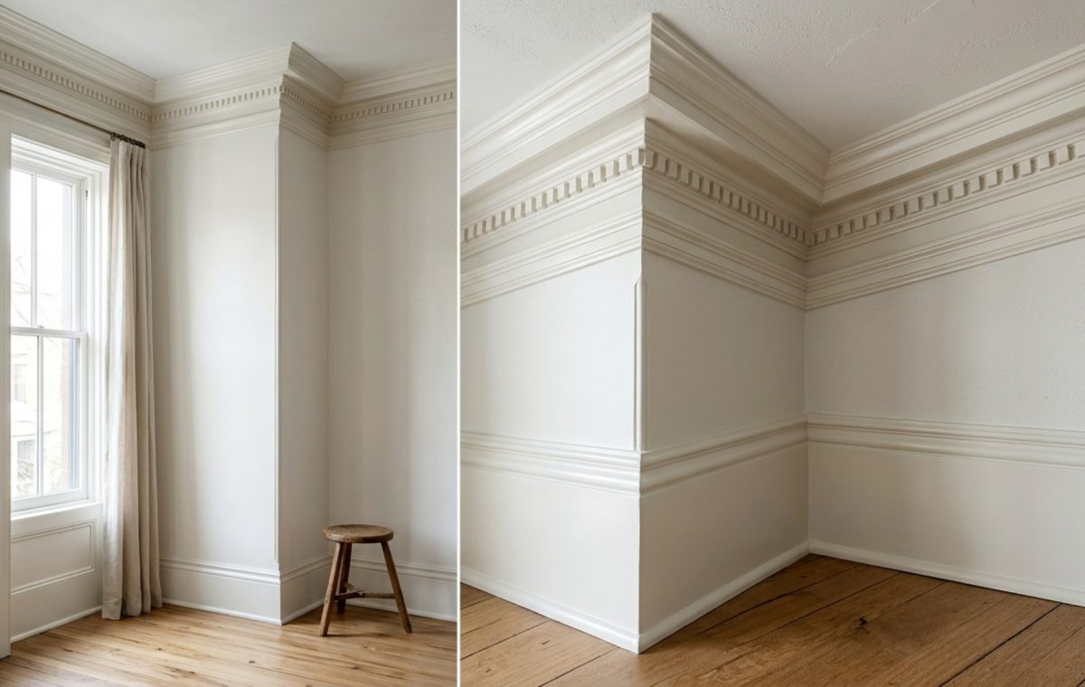 Close-up of intricate architectural crown molding in a semi-gloss Benjamin Moore Swiss Coffee finish, showing specular highlights from soft natural side-lighting.