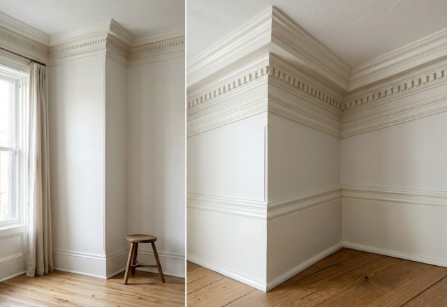 Close-up of intricate architectural crown molding in a semi-gloss Benjamin Moore Swiss Coffee finish, showing specular highlights from soft natural side-lighting.