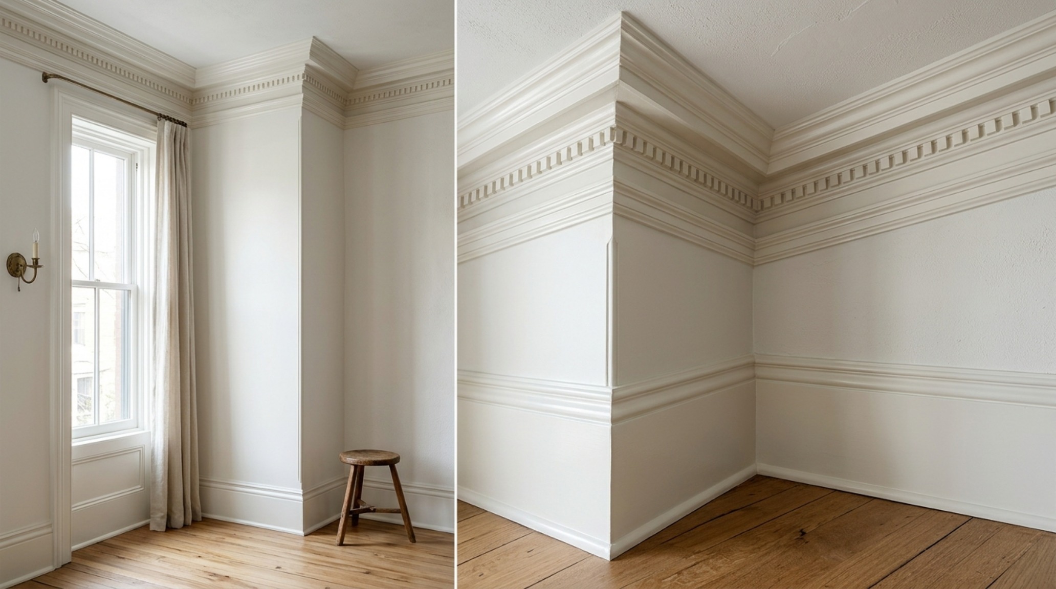 Close-up of intricate architectural crown molding in a semi-gloss Benjamin Moore Swiss Coffee finish, showing specular highlights from soft natural side-lighting. Close-up of intricate architectural crown molding in a semi-gloss Benjamin Moore Swiss Coffee finish, showing specular highlights from soft natural side-lighting.