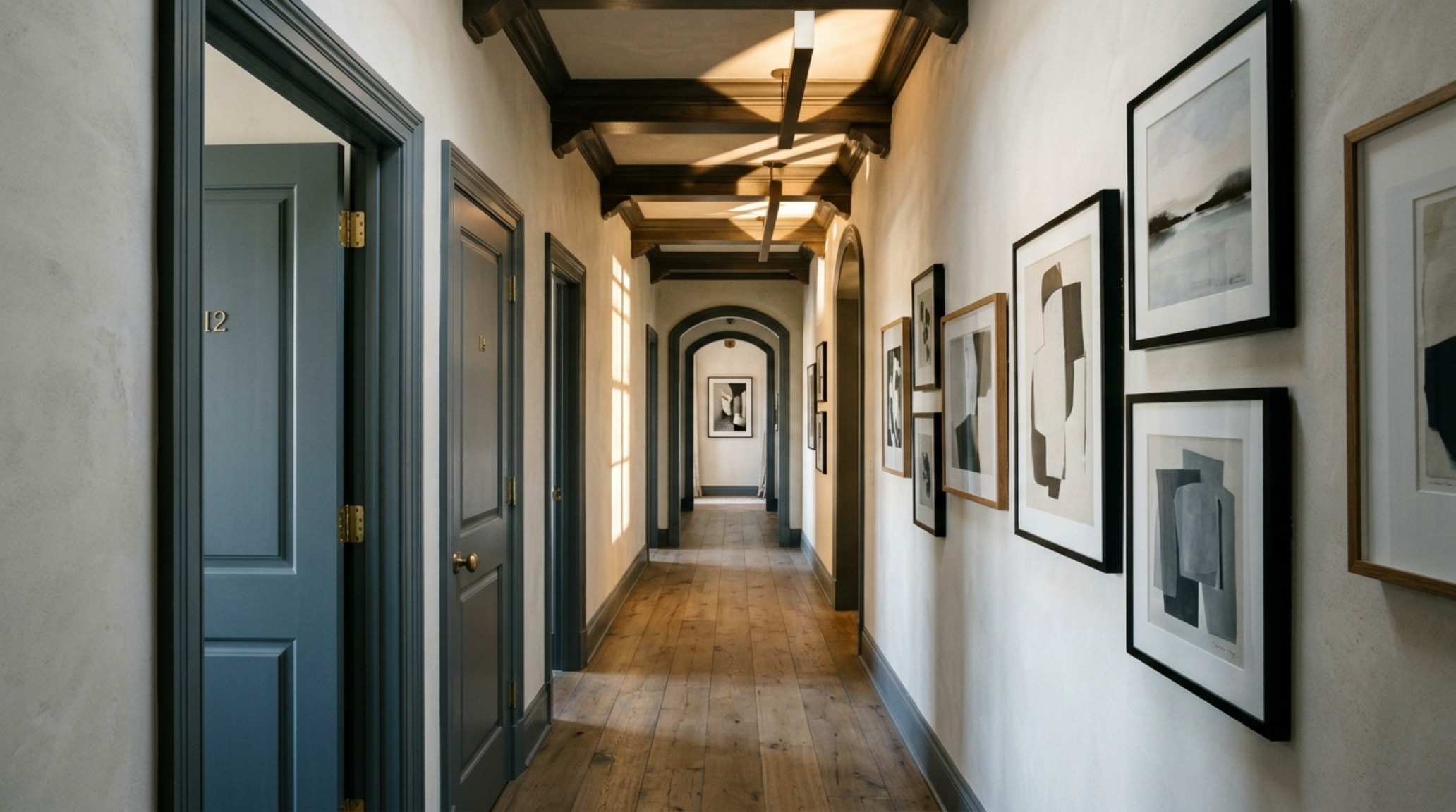A narrow architectural hallway with 36-inch clearance featuring semi-gloss interior doors in a muted charcoal, contrasting against matte off-white walls for spatial depth. A narrow architectural hallway with 36-inch clearance featuring semi-gloss interior doors in a muted charcoal, contrasting against matte off-white walls for spatial depth.