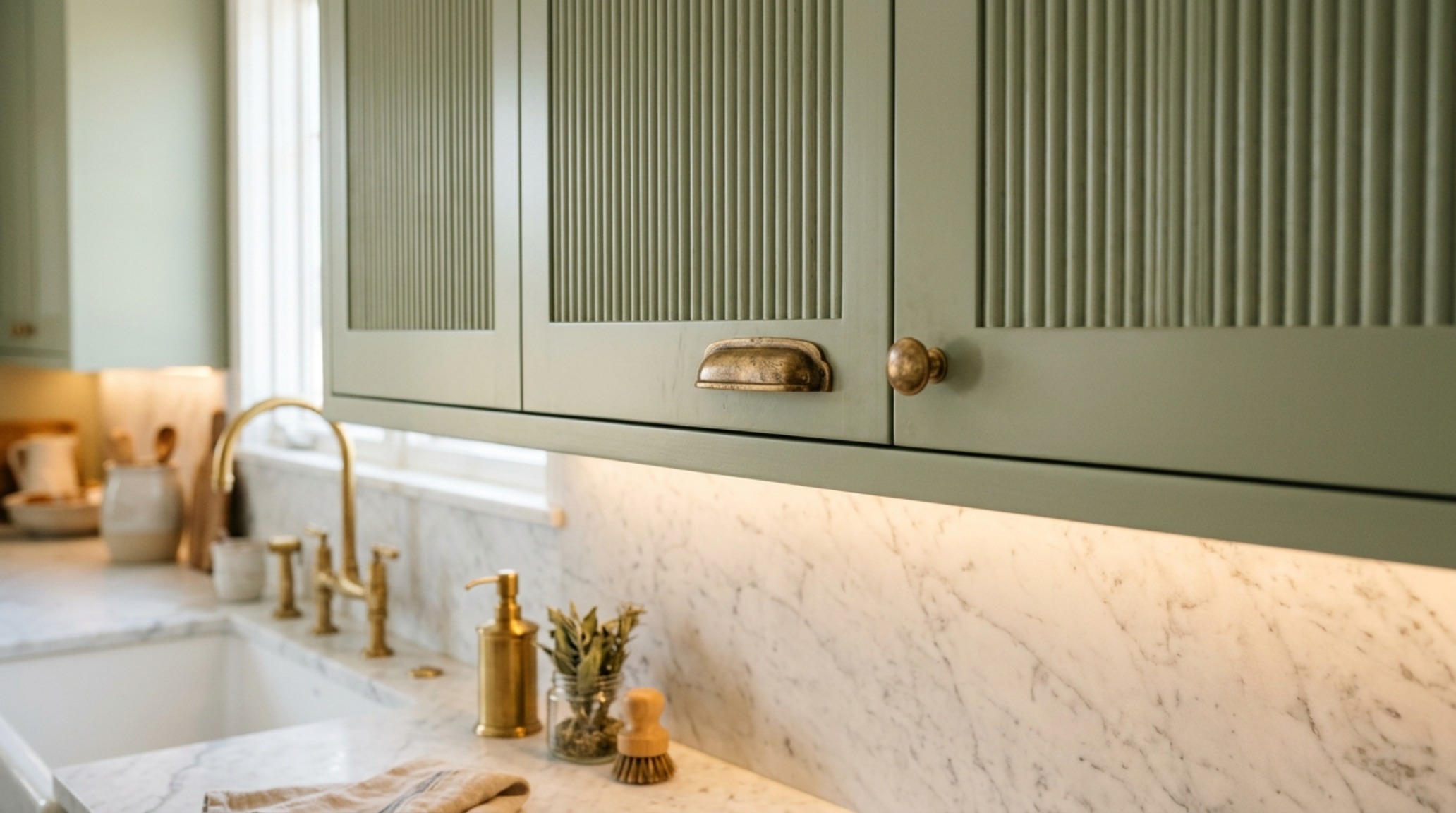 Luxury kitchen design featuring semi-gloss fluted cabinetry in a soft sage green, paired with honed marble countertops and warm 2700K task lighting. Luxury kitchen design featuring semi-gloss fluted cabinetry in a soft sage green, paired with honed marble countertops and warm 2700K task lighting.