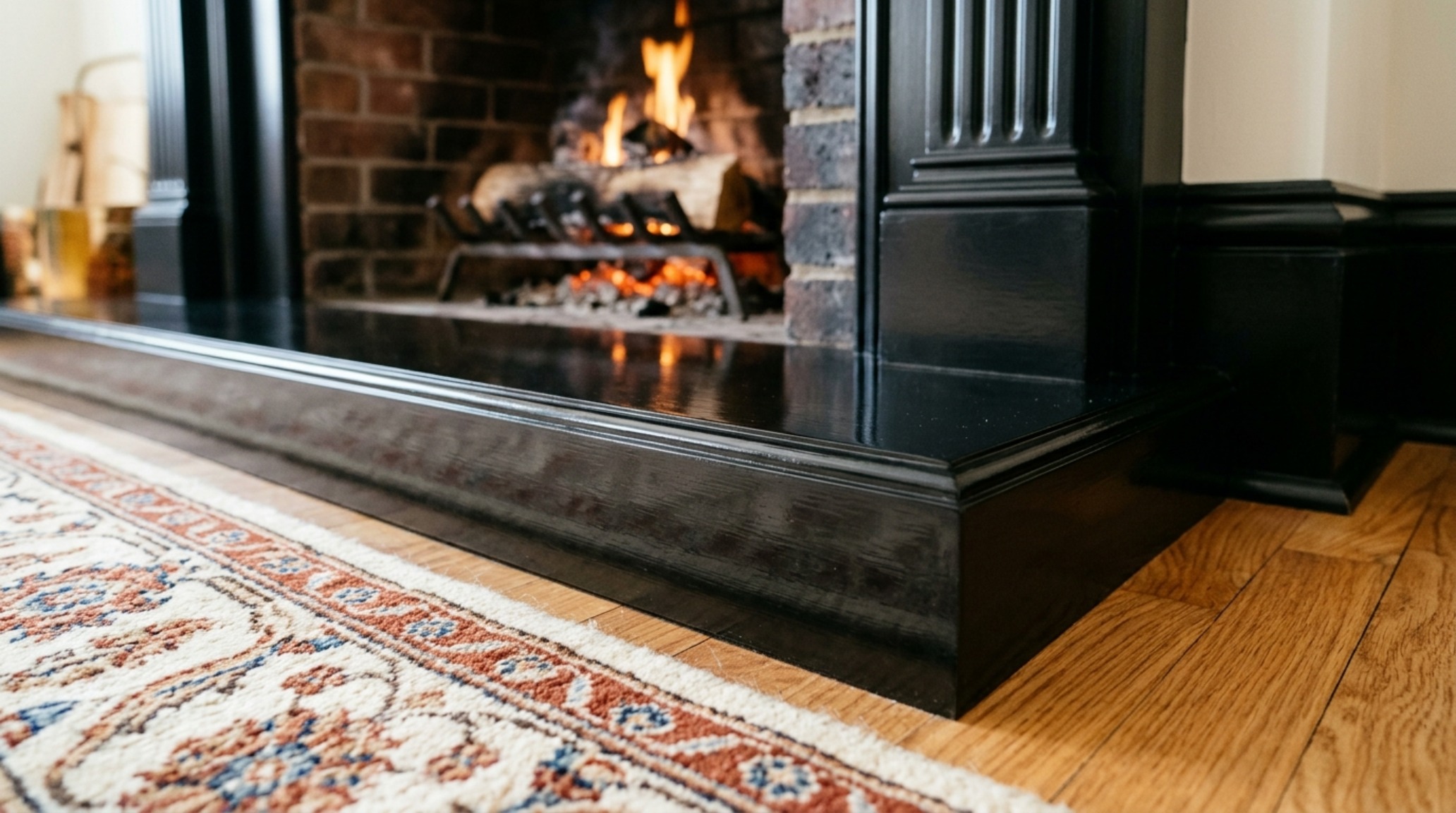 Detailed shot of a semi-gloss fireplace mantle in an off-black finish, showcasing the smooth porcelain-like texture and crisp architectural edges. Detailed shot of a semi-gloss fireplace mantle in an off-black finish, showcasing the smooth porcelain-like texture and crisp architectural edges.