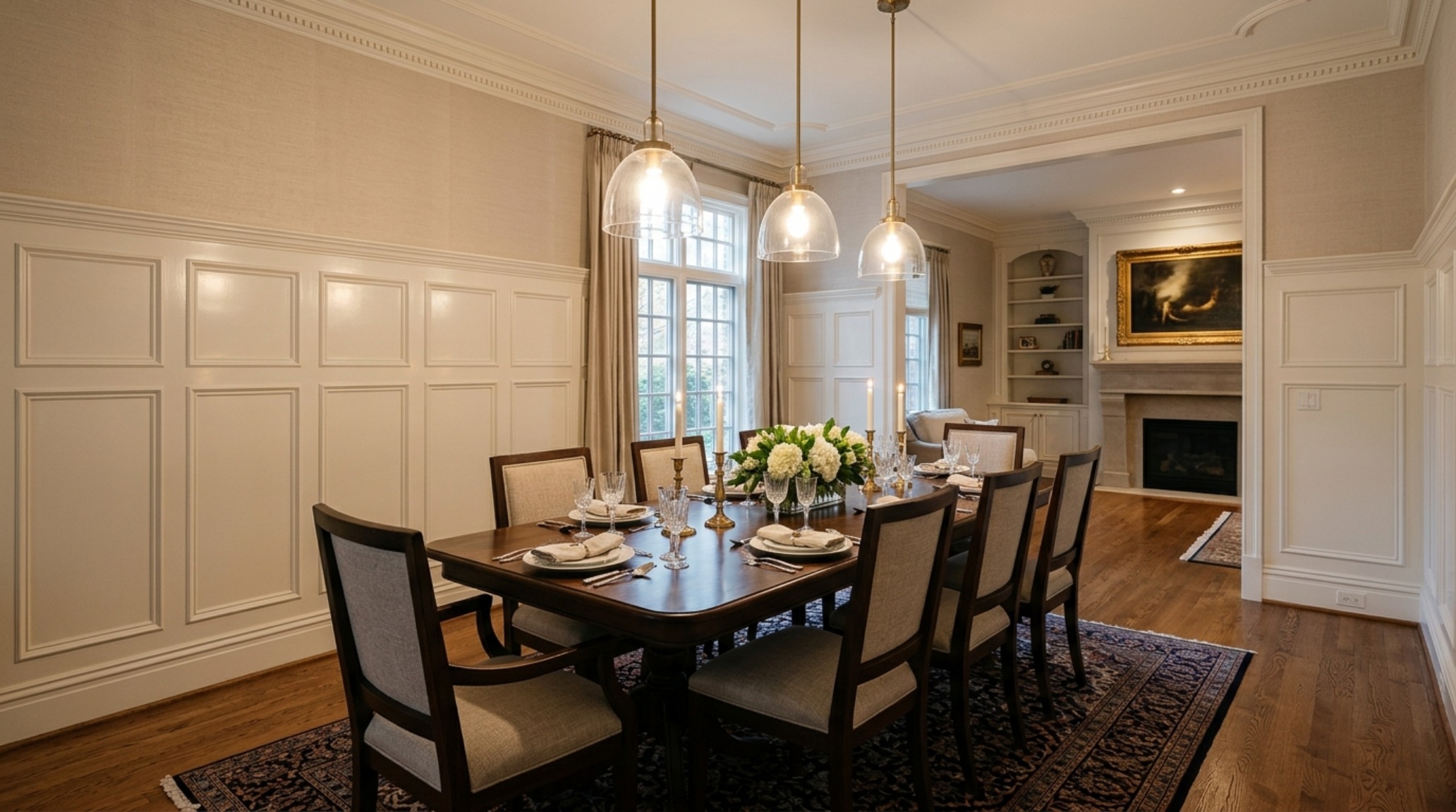 A sophisticated dining room wainscoting in semi-gloss, reflecting soft candlelight and maintaining a 36-inch furniture clearance for ergonomic flow. A sophisticated dining room wainscoting in semi-gloss, reflecting soft candlelight and maintaining a 36-inch furniture clearance for ergonomic flow.
