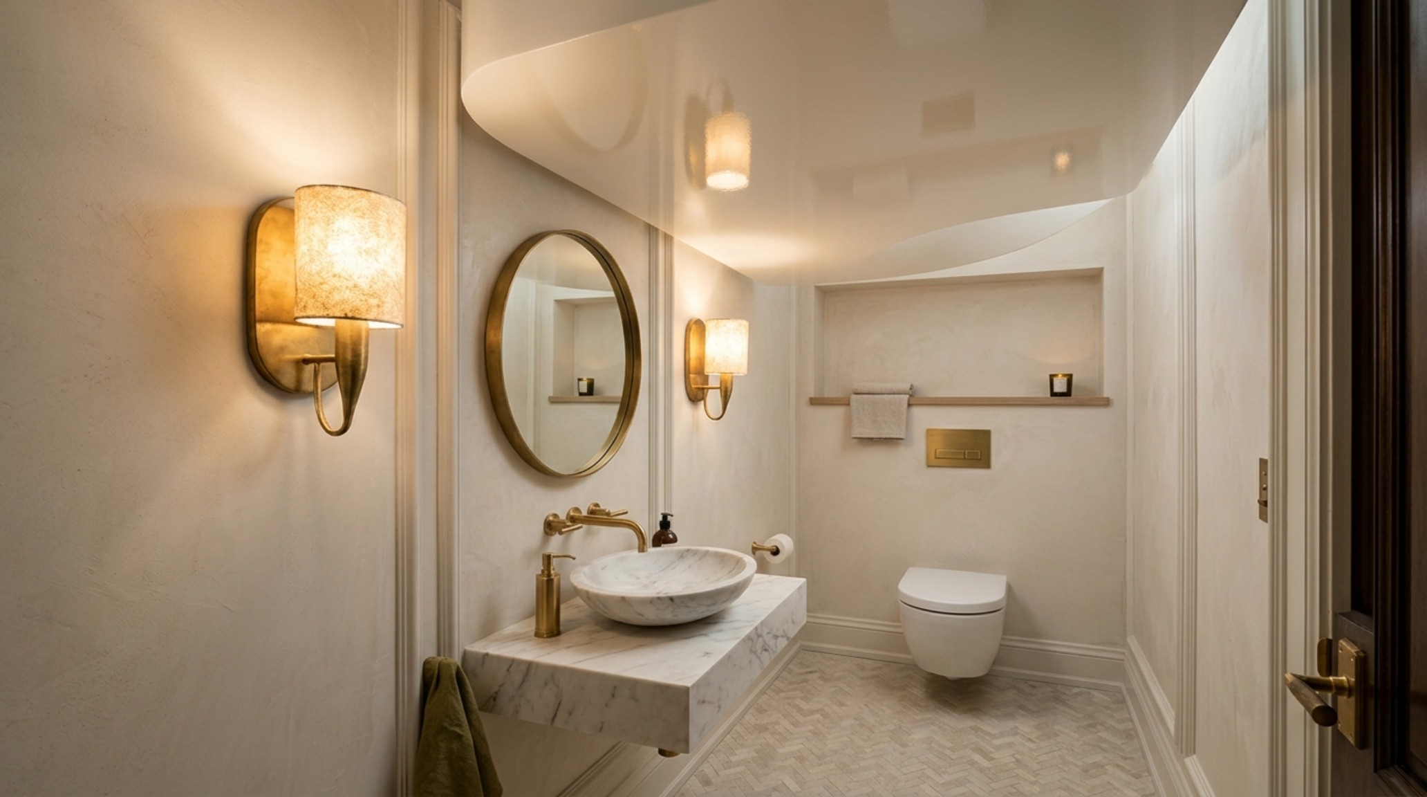 Small bathroom vanity area with a semi-gloss ceiling and walls in a light greige, using reflected geometry to maximize a compact footprint. Small bathroom vanity area with a semi-gloss ceiling and walls in a light greige, using reflected geometry to maximize a compact footprint.
