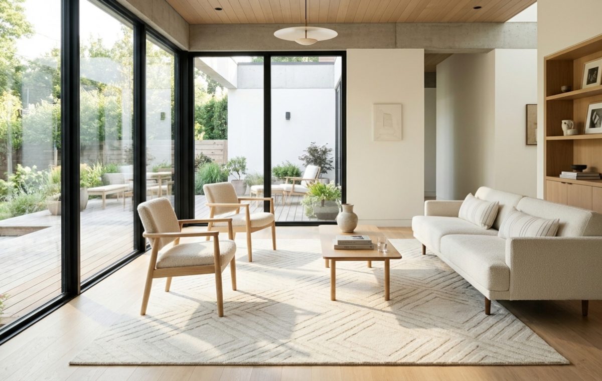 A wide-angle shot of a sun-drenched living room with a 36-inch walkway clearance, featuring a low-contrast cream geometric rug and neutral fluted oak cabinetry as part of with patterns as neutrals decor ideas.