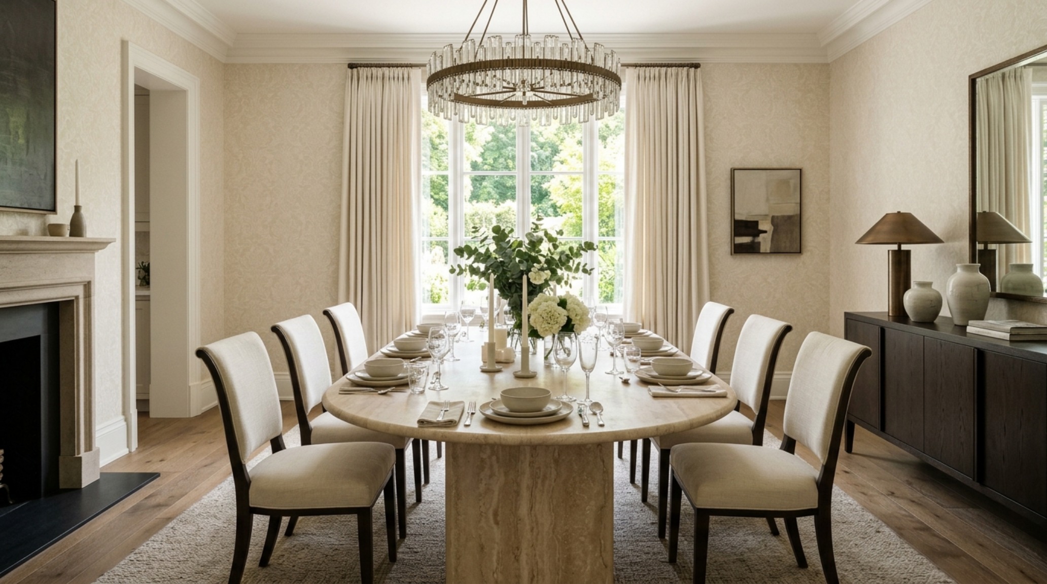 A dining room with 30-inch chair clearances and a tone-on-tone damask wallpaper that acts as a neutral backdrop for a travertine table.