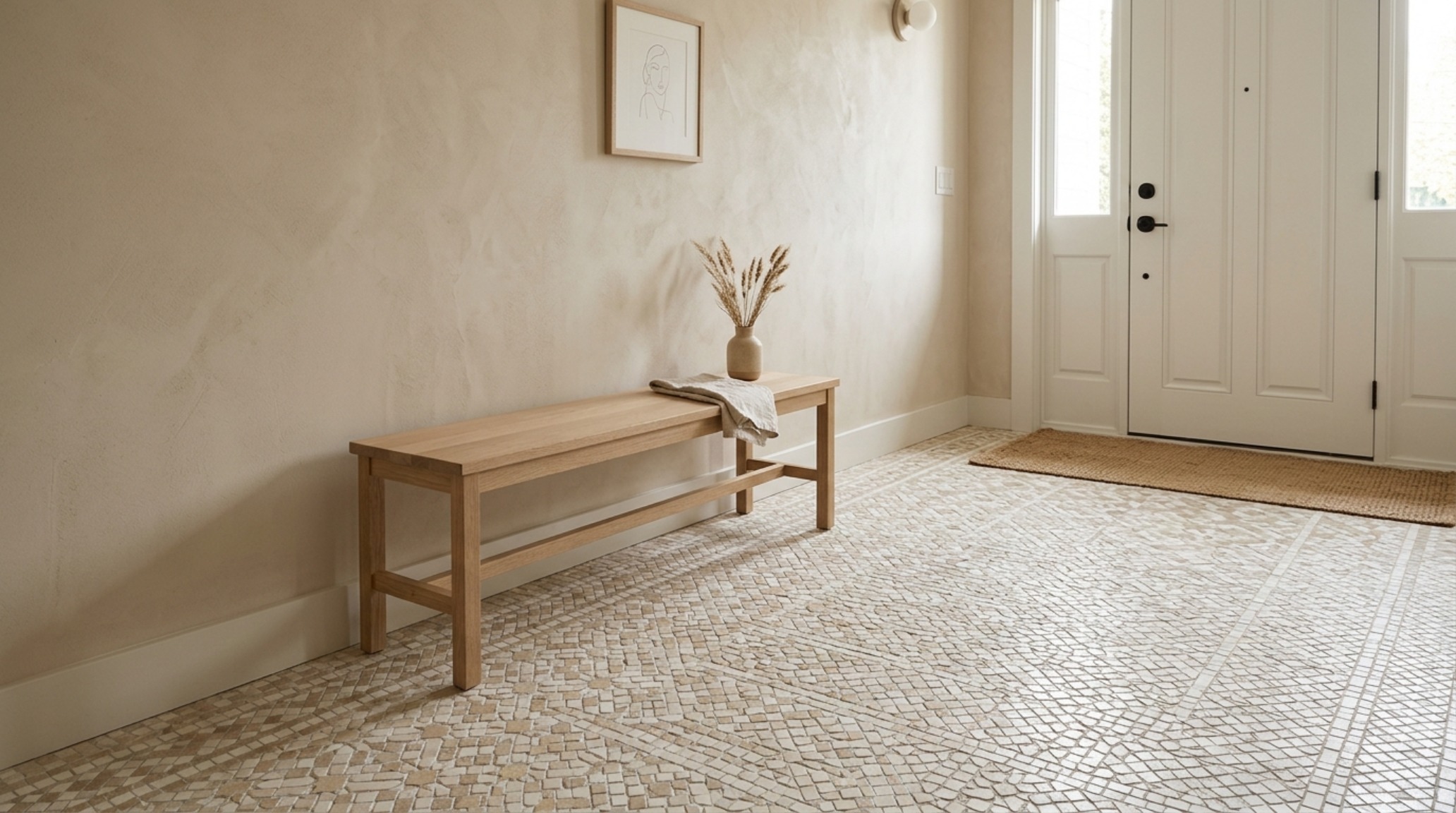 A serene entryway with a neutral mosaic tile floor and limewash walls, illustrating the use of patterns as structural neutrals.