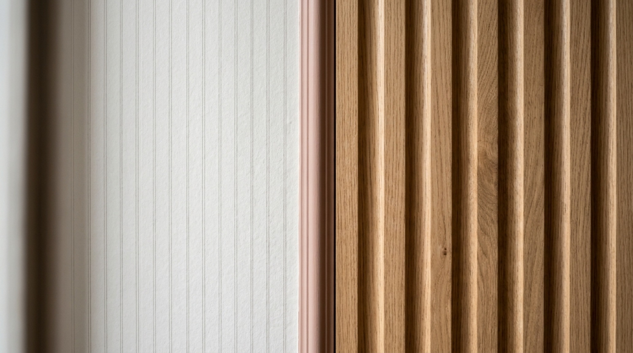 Macro detail of a pinstripe wallpaper in Benjamin Moore Swiss Coffee against a fluted white oak wall panel, demonstrating with patterns as neutrals decor ideas architecture.